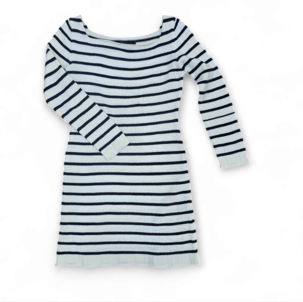 Indah Modern Luxury 100% Cashmere Sweater Dress in White/Black Stripe , Size S